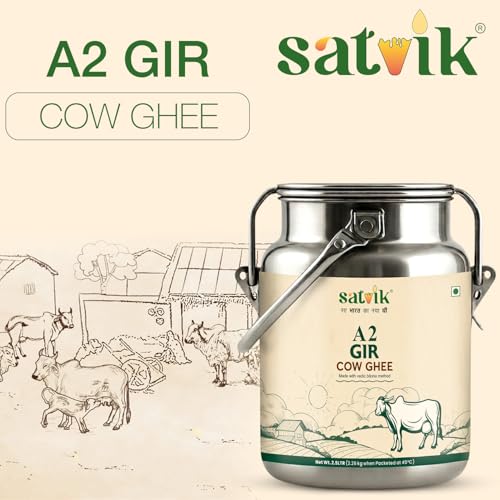 Image of Satvik A2 Gir Cow Ghee 2.5 Litre with (Stainless Steel Dolchi) | Churned from Vedic Bilona Method Pure A2 Cow Desi Ghee | Rich in A2 Beta Casein Protein & Vitamin A, D, E, K | Helps Improve Digestion