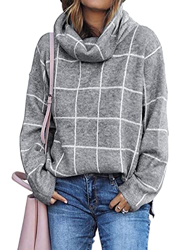 KIRUNDO 2019 Winter Womenâ€™s Turtleneck Knit Sweater Long Sleeves Pullover Plaid Print Side Split Checked Outwear Loose Fit Jumper Tops (Medium, Gray)