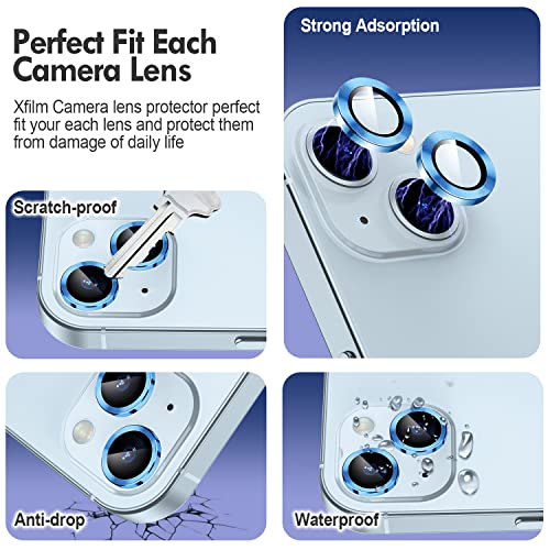 Xfilm Camera Lens Protector For Iphone 14 / Iphone 14 Plus, Strong Adsorption 9H Hardness Tempered Glass Camera Screen Protector Individual Metal Ring Cover, Case Friendly (Blue) #TOP2