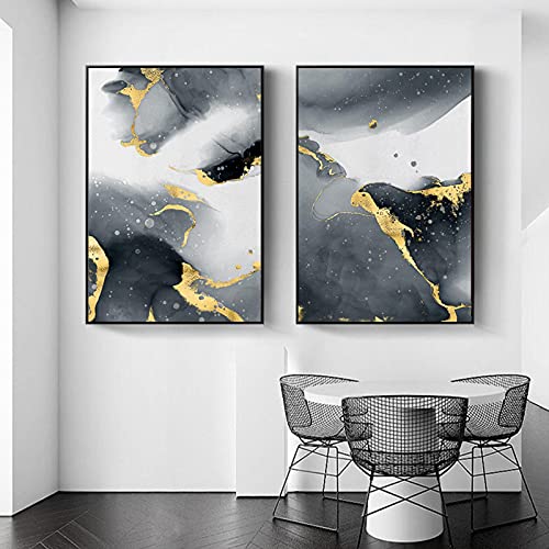 Peinture abstraite bleu et or rose : habillez vos grands murs vides avec deux toiles 70x100cm