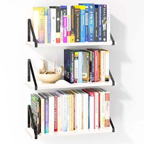 Image of Decazone Floating Shelves for Wall Storage - Set of 3, MDF Board Bookshelves for Living Room, Bedroom, Kitchen & Office - Sturdy Wall-Mounted Display for Bookcase & Decor (White, Wide- 24 inch Inch)