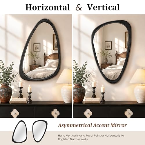 Image of Asymmetrical Mirror, 30 inchx20 inch Unique Irregular Wall Mirror, Wood Mid Century Modern Mirror Decor for Bathroom Bedroom Living Room Entryway Hallway (Black)