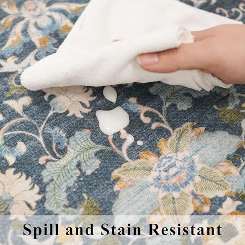 4x6 Living Room Area Rugs: Washable Boho Bedside Rugs Non Slip Low Pile Floral Small Carpet for Kitchen Bedroom Non-Shedding Floor Mat for Kids Room Office Dining Room(4x6 Floral/Blue)