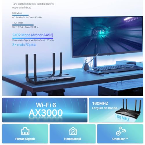 Roteador TP-Link Archer AX53 WiFi 6 Gigabit Dual Band AX3000 porta Gigabit 4x antenas Easy & Mesh One Mesh glide