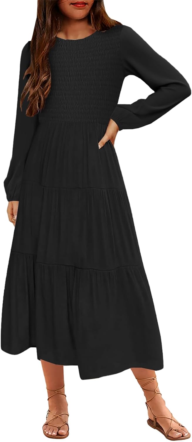 MITILLY Girls Boho Midi Dress Puff Long Sleeve Crew Neck High Waist Smocked Tiered Casual Long Dress with Pockets