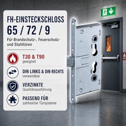 FH-Einsteckschloss 65/72/9 für Brandschutz- & Stahltüren, T30/T90, DIN links/rechts, Dornmaß 65 mm, Entfernung 72 mm, Vierkant 9 mm, Stulp 24 x 235 mm, verzinkt - Hersteller ISEO