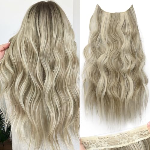 KooKaStyle Invisible Wire Hair Extensions with Transparent Headband Adjustable Size 4 Secure Clips Long Wavy Secret Wire Hairpiece 20 Inch for Women (Ash Brown mix Platinum Blonde)