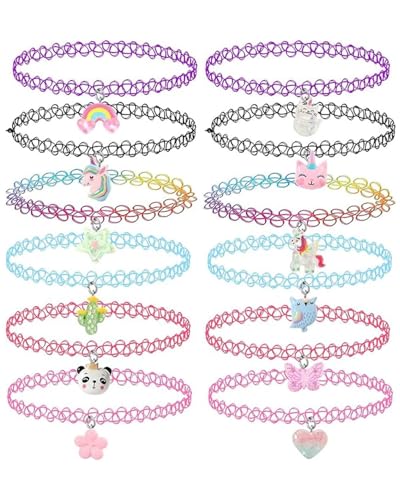 FUGLUS 12 Piezas Juego de Cadena de Gargantilla, Collar Elástico, Collar de Arco Iris Gargantilla Collares Joyería de Moda Bisutería para Niñas Niñas Niños Mujer