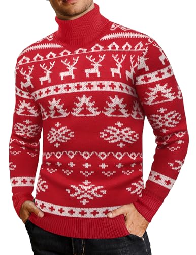 COOFANDY Men's Christmas Jumper Turtleneck Knitted Jumper Long Sleeve Winter Pullover Sweaters Red Christmas Pattern-b XXL