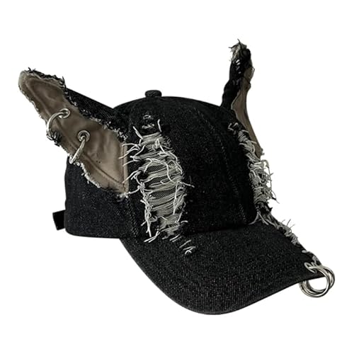 FGDTREE 2000s Vintage Distressed Dog Ear Hat for Adults Spring and Autumn Baseball Cap Damaged Style Hat Black