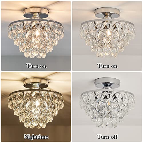 Yyjlx Modern E26 Small Crystal Chandelier Semi Flush Mount Ceiling Light Fixture Silver Ceiling Lamp For Hallway Bedroom Bathroom Closet Bedroom Foyer （Chrome） #TOP3