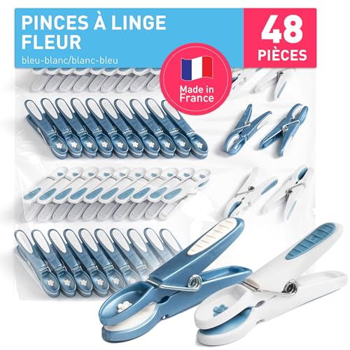 culiclean Pince a Linge Fleur – Pinces à Linge – Epingle a Linge – Fabriqué en France – 80mm x 15mm – Bleu-Blanc/Blanc-Bleu – Lot de 48 Pièces