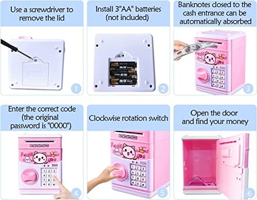 Kids Money Box for Girls Boys, Electronic Money Bank with Password Code Lock, Cute Pink Cat Mini ATM Toy, Safe and Secure Money Saving Box for Children - Best Christmas Birthday Gifts