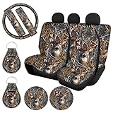 ZFRXIGN Camo Car Seat Covers Full Set Deer Front Back Split Bench Protector Steering Wheel Cover Seatbelts Pads Coaster Keychains Universal Fit Truck, SUV, or Van Hunting Camouflage Brown