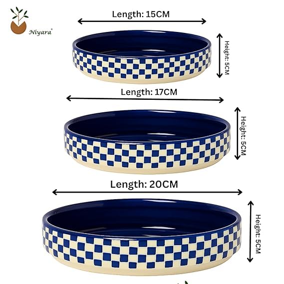 Image of Niyara Stoneware Handmade Ceramic Stylish Premium Serving Bowls /Salad Tray Microwave Dishwasher Safe (White & Blue Pattern Set of 3)