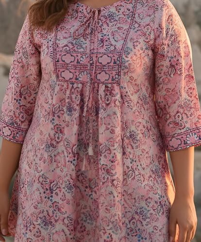 Image of Yash Gallery Women's Polyester Relaxed Fit Short Floral Placet 3 /4 Sleeve and Keyhole Neck Printed Kurti