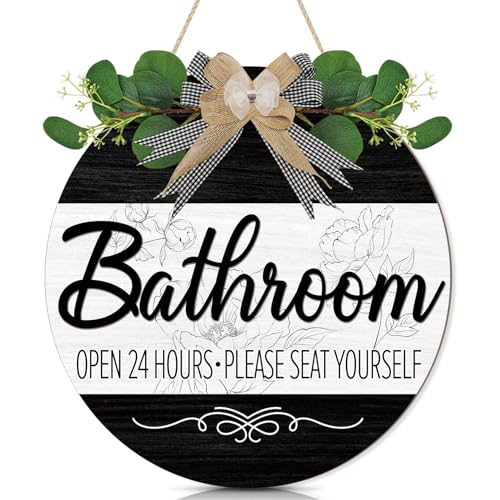 CHDITB Bathroom Wall Decor, Funny Bathroom Wooden Wreath Sign, Rustic Round Humorous Wood Hanging Plaque, Open 24 Hours Please Seat Yourself Door Signs, Modern Farmhouse Hanger for Restroom Toilet