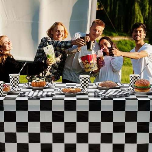 Image of Funnymoom 452 Pcs Checkered Flag Party Supplies for 50 Guests, Black and White Checkered Paper Plates Napkins Cups Tablecloth Cutlery Straws for Race Car Birthday Party Decorations