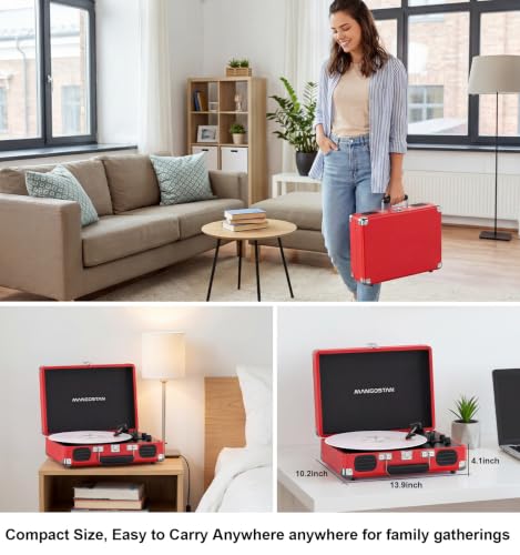 Image of Cherry Red Bluetooth Suitcase Record Player, 3-Speed Turntable