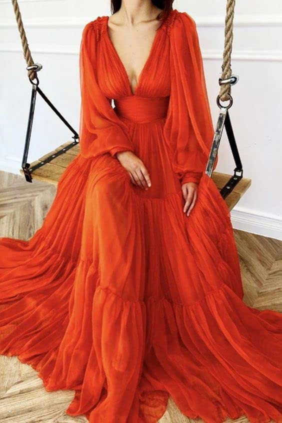 Long Chiffon Prom Dresses V Neck Puffy Sleeves A Line Ball Gown Formal Evening Gown for Women2