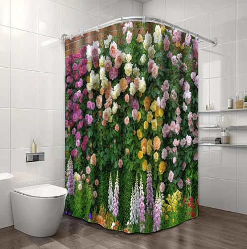 Rideau de douche polyester vert menthe imprimé mur de roses 180x200 - 5