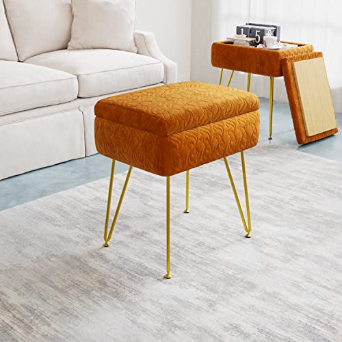 Enhomee Vanity Stool Chair With Storage 19.3"H Soft Velvet Storage Ottoman With Metal Gold Leg Vanity Chair For Makeup Room With Wooden Top Cover Modern Makeup Footstool For Bedroom, Livingroom Orange #TOP4
