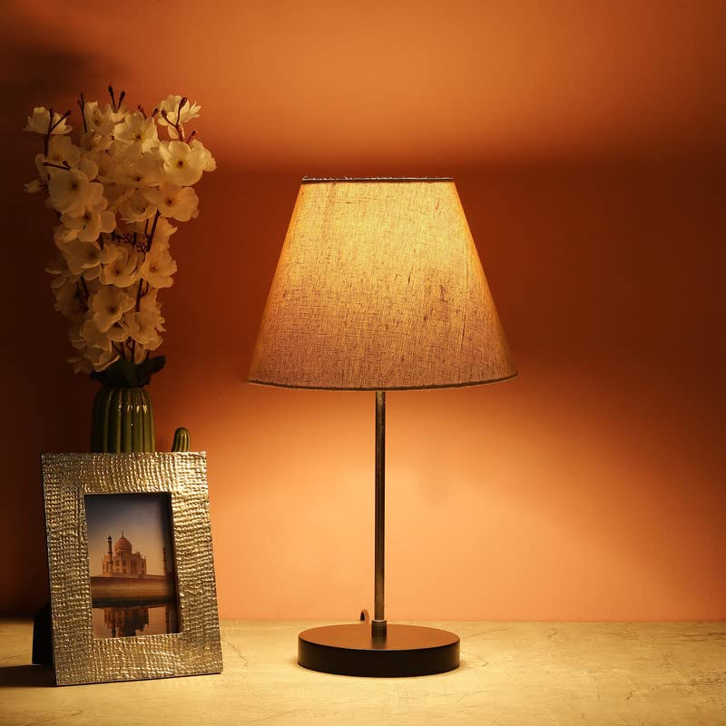Image of Silver Table Lamp with Handmade Conical Premium Jute Shade, Minimalist Design, for Couple Dinner /Coffee Table /Restaurant /Bedroom, On /Off Switch Long Wire