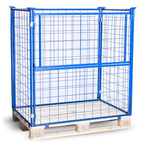 HHL Euro-Gitterbox mit klappe | Gitteraufsatzrahmen H1200 x B1200 x L800mm für aufbewahrung| Faltbarer Gitterrahmen für Euro-palette | Gitterbehälter aus Stahl | Gitterboxen für Holz, Lager | Blau