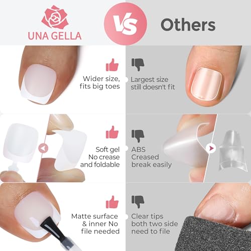Image of UNA GELLA French Press On Toenails Milky White With White Tip Square Round, 15 Sizes Pre-Etched Squavol Toenail Press Ons for Women, 150PCS Toenail Extension for Home DIY Salon Pedicure Summer Gift