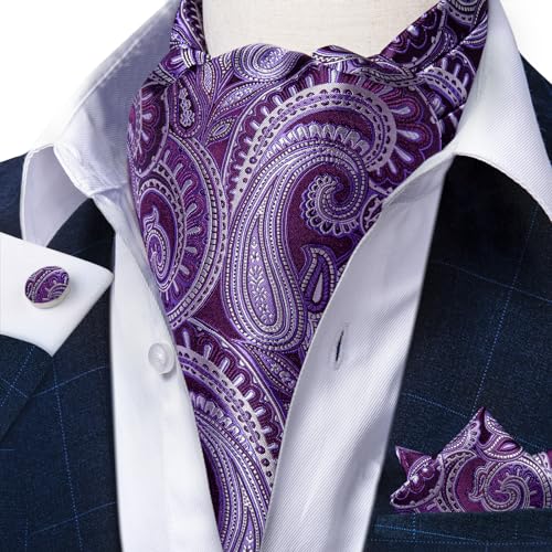 Image of DiBanGu Mens Silk Ascot Ties Paisley Jacquard Woven Cravat and Pocket Square Cufflinks with Lapel Pin for Business Wedding