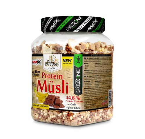 AMIX - Suplemento Deportivo - Protein Müsli - Bote de Cereales de 500 g - Aporte de Proteínas y Fibra - Bajos en Carbohidratos y Azúcares - Sabor Banana y Chocolate
