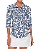 Tanst Sky Women's Polo Shirts,Golf Tops for Women Quarter Zip Collared 3/4 Sleeve Funny SPF 50 UV Protection Activewear Ladies Yoga Running Pickleball Workout Active Wear Blue Leaves Medium