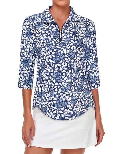 Tanst Sky Women's Polo Shirts,Golf Tops for Women Quarter Zip Collared 3/4 Sleeve Funny SPF 50 UV Protection Activewear Ladies Yoga Running Pickleball Workout Active Wear Blue Leaves Medium