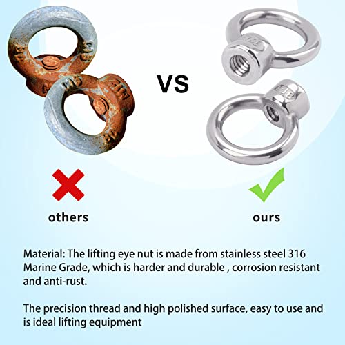 Pagow 8Pcs Stainless Steel 316 Lifting Eye Nut, 1/4" Unc Heavy Duty Marine Grade, Hardware Ring Shaped Eye Bolt #TOP3