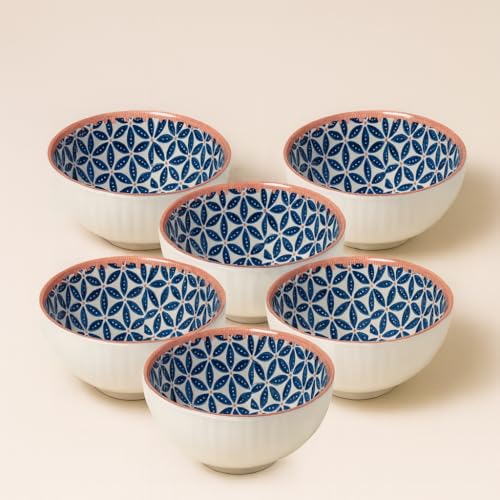 Image of YELONA Ceramic Bowls Set of 6 | 300ml Japanese Honeycomb Rice & Snack Bowls | Blue Blossoms Design | Microwave & Dishwasher Safe | 11.5 cm | Lead-Free Porcelain