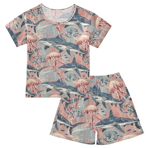 ALAZA Sharks Jellyfish Pajama Set Short Sleeve Sleepwear Soft Lounge Nightwear
