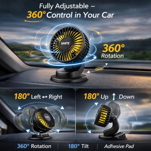 Image of SARTE Car Fan12 Volt Hi Speed 360 Rotatable and Portable Mini Air Cooler with Brushless Motor, Ultra Silent 2 Speed Adjustable Electric Summer Fan for SUV, Truck, Bus & Home