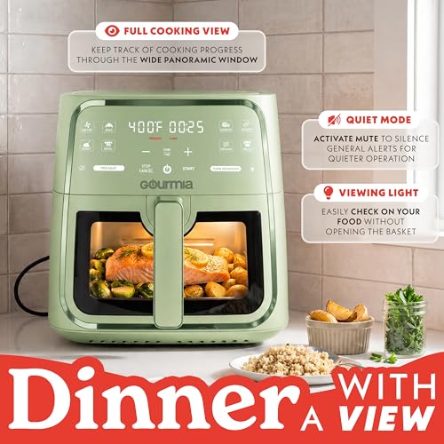 Image of Gourmia Air fryer with 8 litres, 8 preset settings with digital display, FryForce 360 technology, easily visible window and interior light, basket suitable for