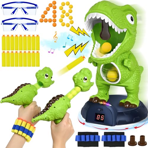 Ulikey Jouet de Tir de Dinosaure, Jeu Cible Enfant, 2 Pistolets Airsoft et 48 Balles, Jeu de Tir Mobile avec Compteur LED, Musique, Fonction de Jet, pour...