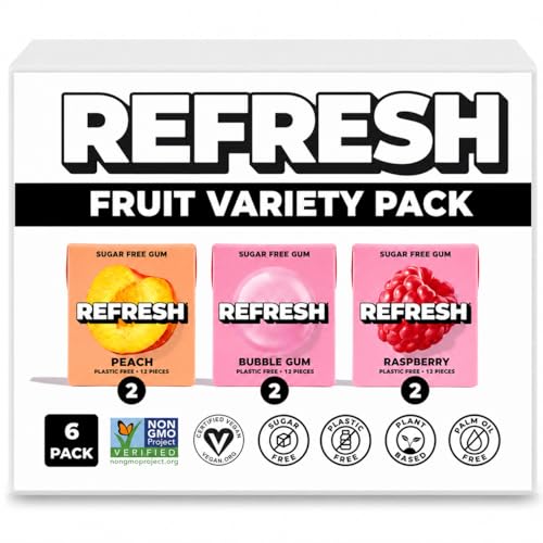 Image of Refresh Plant Based Gum, Sugar Free, Xylitol, 12 Pcs, 6 Pack (Mixed-Fruit)