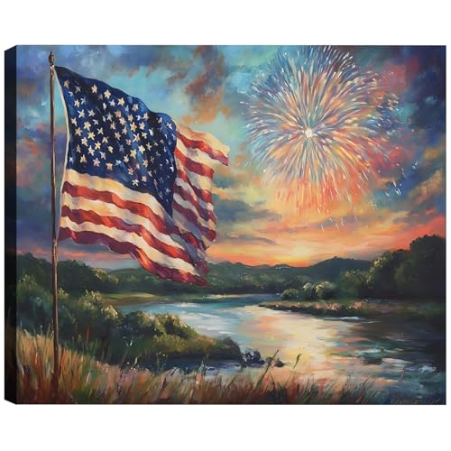 Framed American Flag Sunset Fireworks Wall Art, Patriotic 4th of