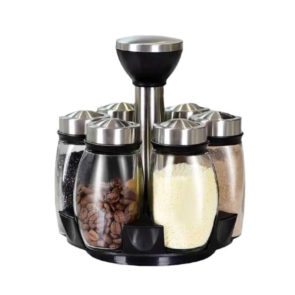Fiegcit Rotating Spice Rack Organizer 6 Glass Jar 360 Degree Holder Kitchen