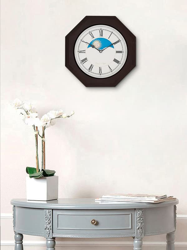 Image of CHRONIKLE Unique Octagon Shaped Chocolate Color Sunrise /Sunset Style Wooden Roman Figure Wall Clock with Sweep Movement (Size: 33.5 x 33.5 x 6.5 CM | Color: Chocolate | Weight: 1535 grm)