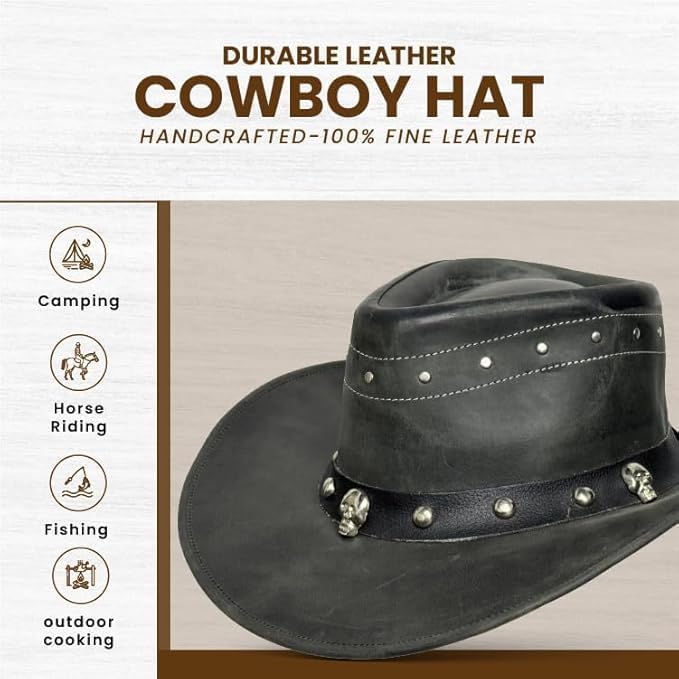 Black Danakil Leather Cowboy Hat for Men & Women – Top Grain Leather Western Hat with Skull & Stud Design, Shapeable Brim