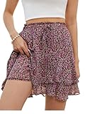 Aisprts Falda Estiva para Mujer con Flores, Falda Mini con Cintura Elástica y Cordón, Volantes en Capas, Ligera y Transpirable con Forro Antitransparente, Flores Moradas, XL