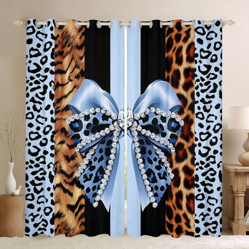 Feelyou Leopard Print Curtains for Bedroom Living Room Girls Blue Bow Blackout Shades Cheetah Room Darkening Curtain Bow Knot Print Window Treatments, 2 Panels 38 x 45 Inch Decor