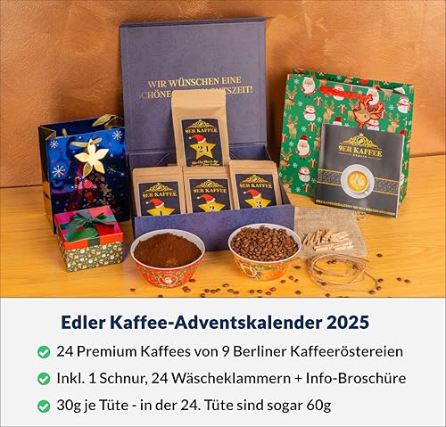 Edler Kaffee Adventskalender 2025 von 9 Berliner Kaffeeröstereien - Weihnachtskalender mit 24 Premium Kaffeespezialitäten | Geschenk-Set für Männer & Frauen | Kaffee Probierset ganze Bohne