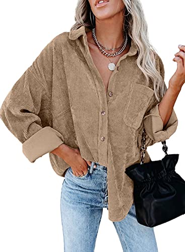 MIHOLL Womens Corduroy Button Down Shirts Casual Long Sleeve Jacket Oversized Boyfriend Blouses Tops with Pockets