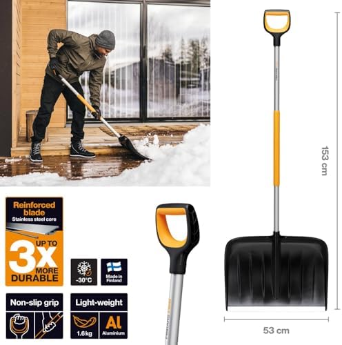 Fiskars Łopata do odśnieżania dużych ilości śniegu, Seria X, Długość: 153,5 cm, Aluminium/polimer, Czarny/pomarańczowy/szary, 1057178