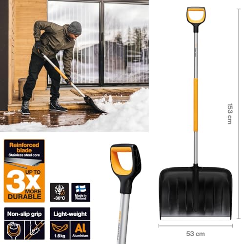 Fiskars Schneeräumer für große Schneemengen, X-series, Länge: 153,5 cm, Aluminium/Polymer, Schwarz/Orange/Grau, 1057178